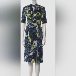 ERDEM Blue and Green Floral Long Sleeve Dress